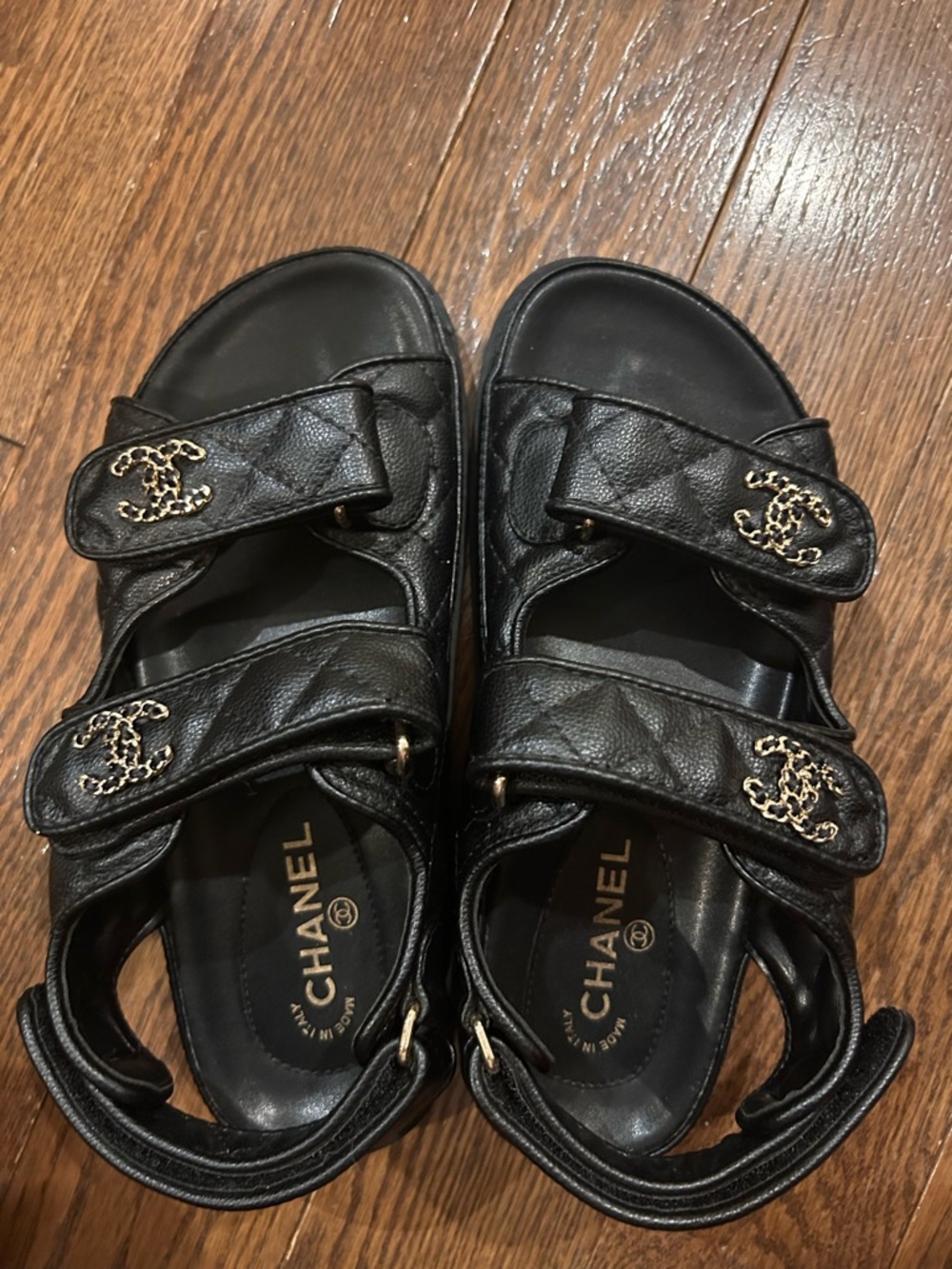 CHANEL LIKE Black Quilted Leather Logo Strap Sandals